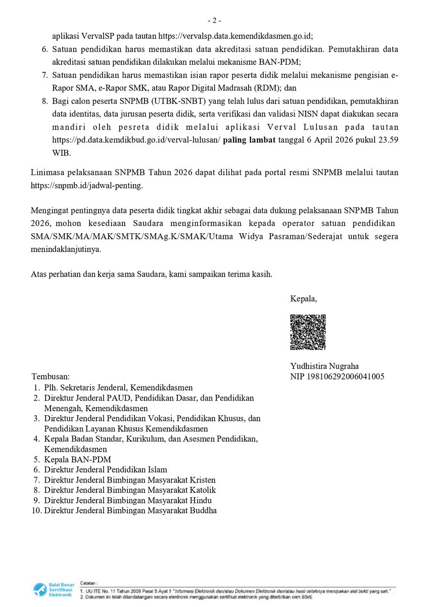 utbkcak's tweet image. Pemberitahuan Verifikasi dan Validasi Data Satuan Pendidikan dan Data Peserta Didik sebagai data dukung SNPMB Tahun 2026