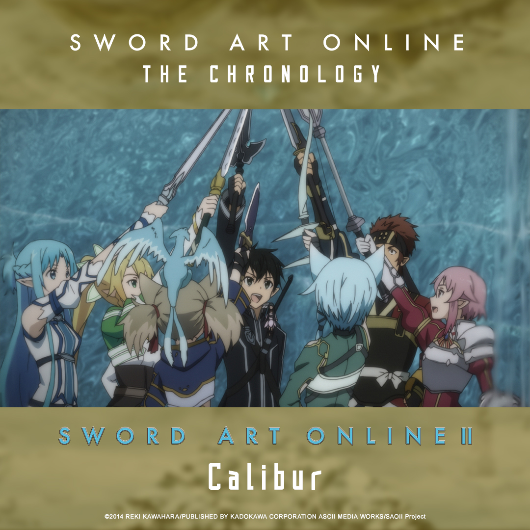 SwordArtUSA's tweet image. [ Sword Art Online ] 
The Chronology 

&amp;lt;&amp;lt; Calibur&amp;gt;&amp;gt;  

We've entered the events of Calibur in the anime in real time!  

LINK START ➡️ bit.ly/SAOChronology 

#SAO #PhantomBullet #LinkStart