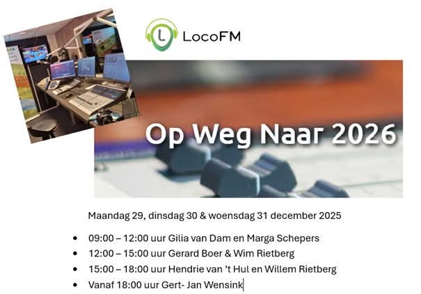 LocoFM's tweet image. Op weg naar 2026.

Maandag 29, dinsdag 30 en woensdag 31 december 2025 presenteren wij het programma: Onderweg naar 2026.

Genieten van mooie muziek en we mogen weer prachtige prijzen uitdelen.

Luister de hele dag naar LocoFM