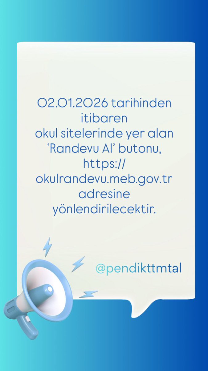 📢 DUYURU
02.01.2026’dan itibaren okul internet sitelerindeki “Randevu Al” butonu
👇 okulrandevu.meb.gov.tr
 adresine yönlendirilecektir.
Randevu işlemlerinizi bu adres üzerinden yapmanız rica olunur. <a href="/TuranDgsn/">Turan DAĞAŞAN</a>