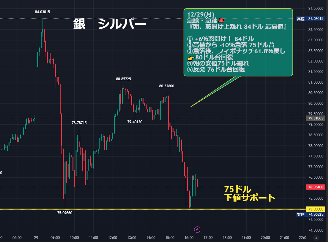 銀 シルバー「急騰⤴️急落⤵️ジェットコースター』🎢 👉ポイントは 75ドル！明確に割れるか？反発か👍 12/26(金) +10.3%⤴️  12/29(月) 急騰・急落🚨 『朝、窓開け上離れ 84ドル 最高値』 ① +6％窓開け上 84ドル⤴️ ②高値から -10％急落 75ドル台⤵️  ③急落後 ...