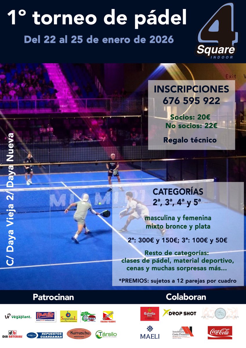 4sqindoor's tweet photo. Abiertas las inscripciones para la 1ª prueba del torneo 4Square 2026. APÚNTATE YA Y NO TE QUEDES FUERA !!!!🎾🎾🎾🎾 https://t.co/gmu84ZCgj4