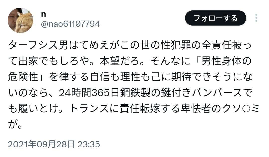 >4種類に分けておけば良いと思うのですが

わかります
皆最初はそう思って「第3のスペース」を提案しました
しかし「トランス差別者」と糾弾されました
この提案は実質的なアウティングであり、どんな“女”でも排除されるべきではないと

そして我々は「オムツ履け」と言われるようになりました