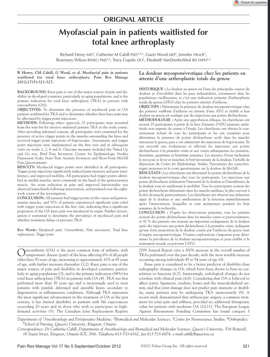 تؤكد الدراسات أن ما يقارب 15٪ من مرضى التهاب مفصل الركبة (knee OA) لا يستفيدون من عملية تبديل مفصل الركبة على الرغم من نجاحها جراحياً.
(بمعنى أن شعورهم بالألم يستمر حتى بعد العملية).

الأسباب متعددة، لكنني أميل إلى أن جزءاً من هؤلاء المرضى لم تكن مشكلتهم مفصلية بالأساس، بل عضلية،