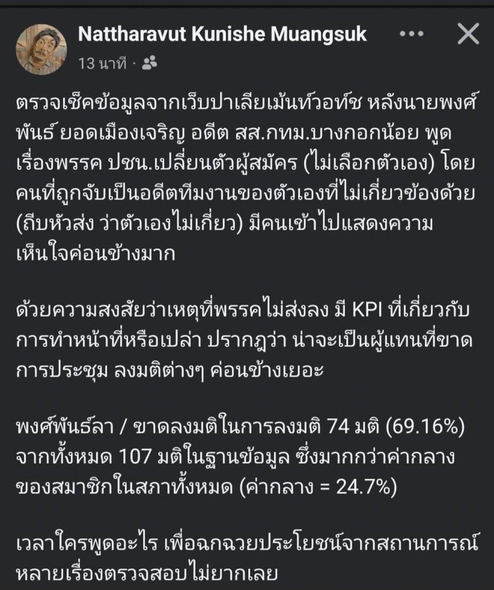 ขาดลงมติ 74 มติ คิดเป็น 69.16% เอ่อพี่ถ้าเป็น ส.ส.แล้วไม่ทำงาน ก็ไม่ต้องดราม่าว่าทำไมพรรคเปลี่ยนคนนะครับ ส่วนคนใหม่จะดีจะเลวอันนี้อีกประเด็น