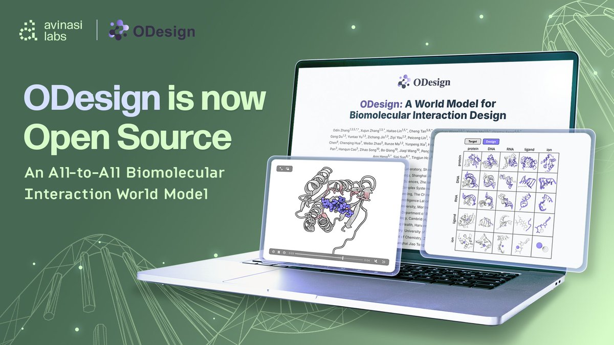 We’re excited to share that ODesign, a first-of-its-kind all-to-all biomolecular interaction world model, is now fully open-sourced.

Developed by Odin Zhang and collaborators across Lingang Lab, Shanghai AI Laboratory, <a href="/CUHKofficial/">The Chinese University of Hong Kong - CUHK</a>, <a href="/sjtu1896/">Shanghai Jiao Tong University</a> <a href="/ZJU_China/">Zhejiang University</a>, <a href="/MIT/">Massachusetts Institute of Technology (MIT)</a>, <a href="/Harvard/">Harvard University</a>, and the