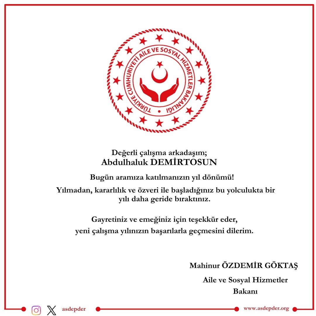 Sayın Bakanım,
Nazik mesajınız ve kıymetli takdirleriniz için şahsım ve ASDEP-DER Yönetim Kurulu adına teşekkür ederim.
Zat-ı âlinizin teşvik edici ifadeleri, sahada özveriyle görev yapan tüm çalışma arkadaşlarımız için önemli bir motivasyon kaynağıdır
<a href="/MahinurOzdemir/">Mahinur Özdemir Göktaş</a> 
#Asdepder