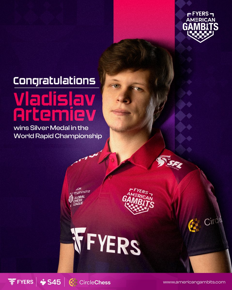 AmericanGambits's tweet photo. A World-Class Performance. 

Congratulations Vladislav Artemiev on an incredible silver medal win at the World Rapid Chess Championship ! 🥈♟️

@fyers1 @GCLlive @CircleChesscom @S45IBank
@Prachura1 

#FyersAmericanGambits #S45 #CircleChess #TechMGCL #Megamove 

[ Fyers American Gambits, Tech Mahindra Global Chess League, Chess, Chesscom, Chessbase, GCL ]