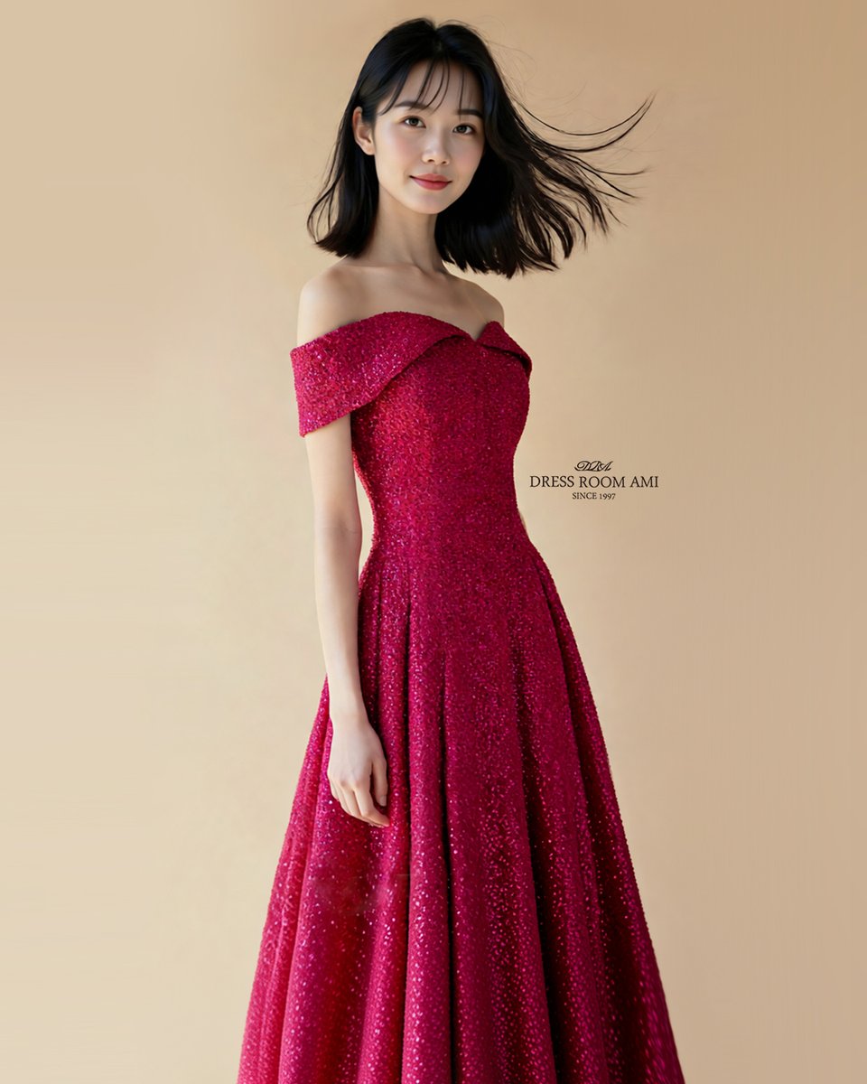 キラキラワインレッドピンクカラーのオフショルダーデザインステージ