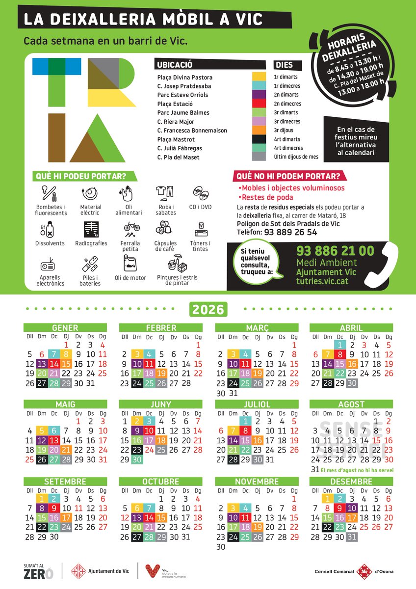 vic_mediambient's tweet photo. 📍Calendari deixalleria mòbil 2026 a #Vic
Podreu trobar-lo :
✅descarregable pdf: https://t.co/enUxMnaIl7
✅Disponible en paper:
· Deixalleria mòbil i fixa
· Oficina Atenció Ciutadana(Plaça Major i
@BibliotecaVicPB)
· Oficina @vic_Turisme
· Oficina Municipal d'Acollida
#TuTries https://t.co/3vz6KCKWnD