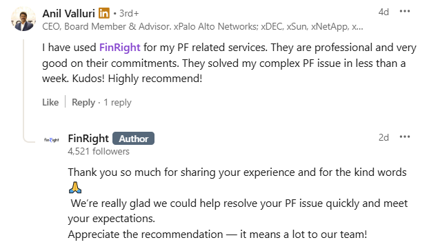 FinRight's tweet photo. The system isn’t broken. It’s just unclear.
We helped Anil get his PF settled in just one week by bringing clarity, correct sequencing, and follow-through to a process that often feels exhausting.
Most PF delays aren’t complexity, but missed details.
#GetItRightWithFinRight https://t.co/v3WuT5bB0j
