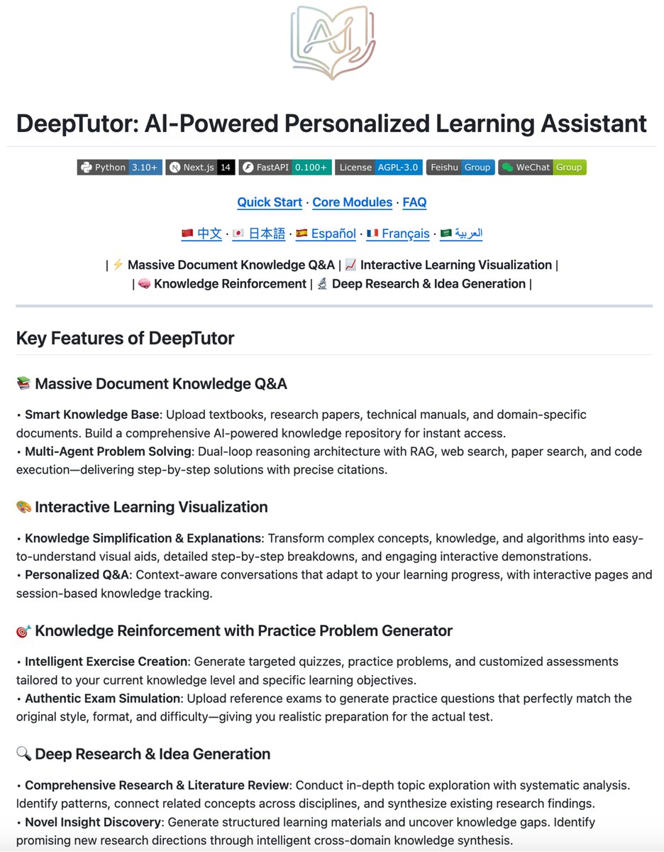 🚀 Our lab just open-sourced DeepTutor - AI-Powered Personalized Learning Assistant

We're actively exploring how agentic AI can assist students and researchers throughout their learning process. DeepTutor brings together research, problem-solving, practice generation, and