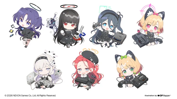 セガ ラッキーくじ「#ブルーアーカイブ」のミニキャライラストも担当させていただきました。 SEGA×ブルアカ(ゲーム開発部関連)コラボとのことでしたので、案を出させていただき、セガさんの往年の名機と一緒に。
