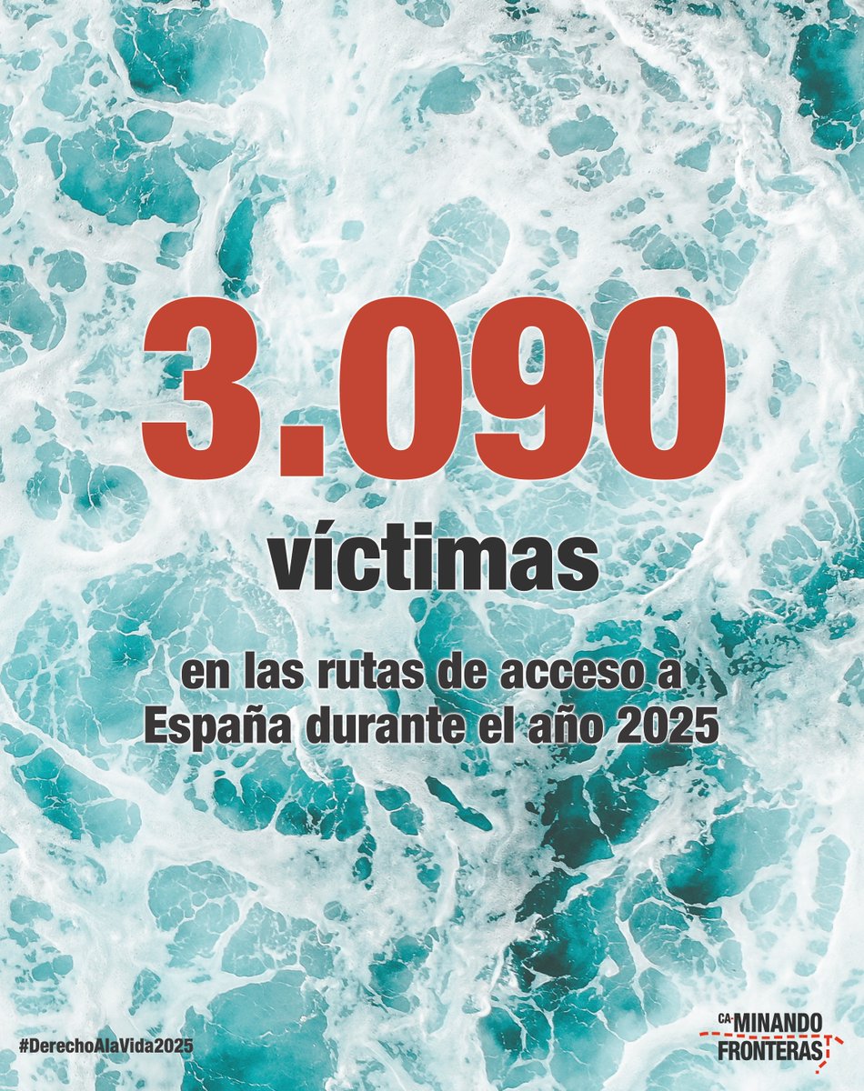 🚨 En 2025 han muerto 3.090 personas en las fronteras españolas por la falta de protección de la vida, en rutas cada vez más largas y peligrosas.
#derechoalavida2025 #tragediasilenciada #muertepormigrar