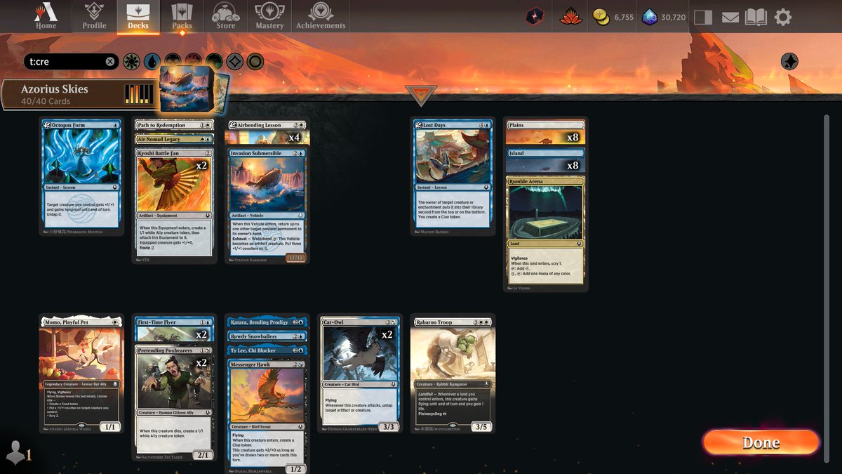 ThePastaPirate's tweet image. 🪽🏆Azorius Skies🏆🪽

1) 1x Ty Lee: deck's only rare

2) 2x Fan waterbent Katara's cantrip

3) Snowballer: decent filler 3-drop

4) 4x Airbending Lesson: solid defense/offense, gave redundancy for Submarine/Ty Lee

Draft: 17lands.com/draft/5e34fe06…

Games: 17lands.com/details/5e34fe…