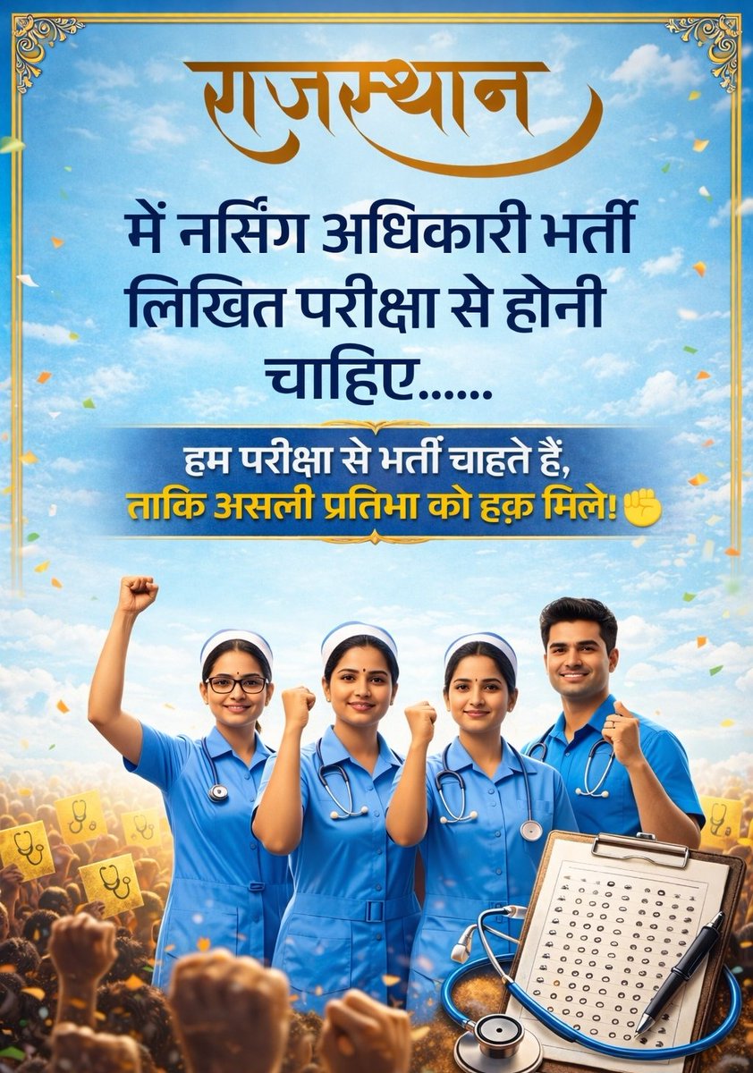 नर्सिंग और फार्मासिस्ट दोनों
स्वास्थ्य प्रणाली की रीढ़ हैं।
इनकी भर्ती में समझौता नहीं होना चाहिएll

#नर्सिंग_भर्ती_लिखित_से_हो #फार्मासिस्ट_भर्ती_परीक्षा_द्वारा 

<a href="/RajCMO/">CMO Rajasthan</a> <a href="/BhajanlalBjp/">Bhajanlal Sharma</a> <a href="/hanumanbeniwal/">HANUMAN BENIWAL</a> <a href="/gssjodhpur/">Gajendra Singh Shekhawat</a> 
<a href="/GajendraKhimsar/">Gajendra Singh Khimsar</a>