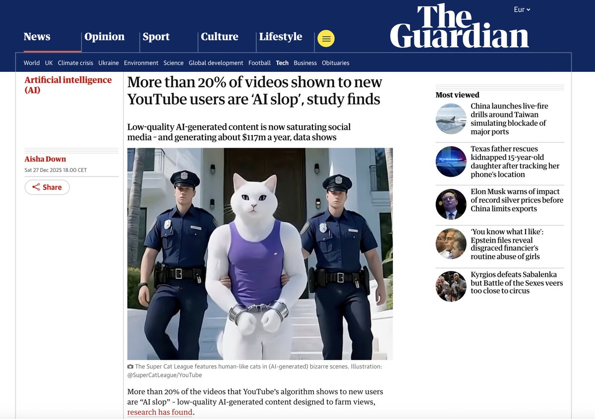 Plus de 20 % des vidéos que l'algorithme de YouTube montre aux nouveaux utilisateurs sont des « AI slop », c'est-à-dire des contenus de mauvaise qualité générés par l'IA et conçus pour accumuler des vues, selon une étude sur 15 000 des chaînes YouTube les plus populaires au monde