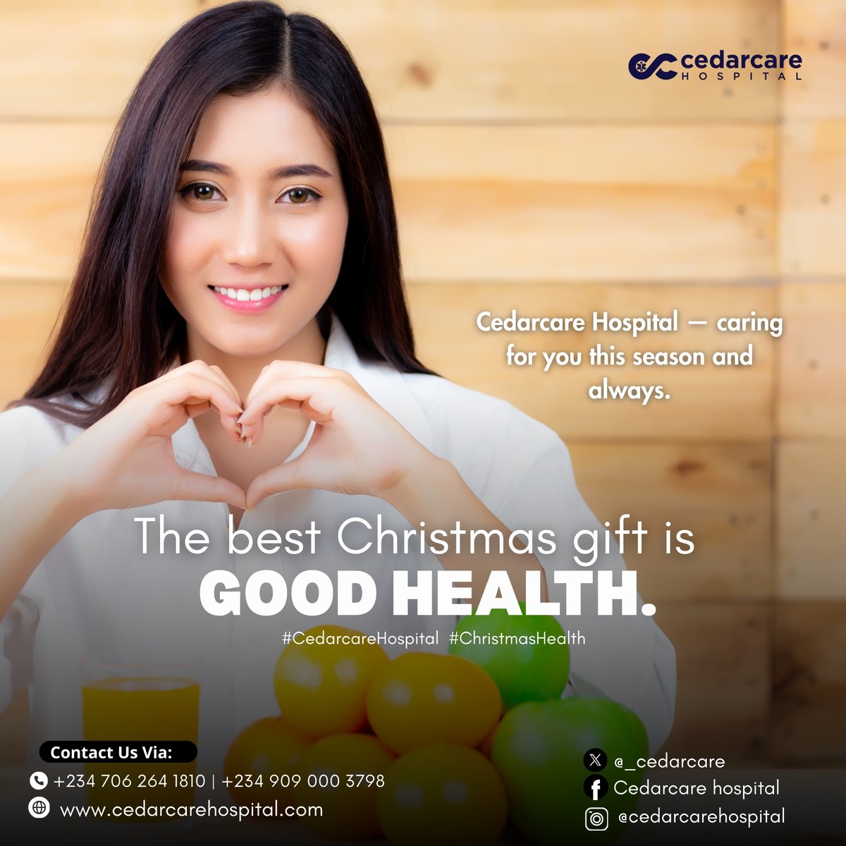 _cedarcare's tweet photo. This season, give yourself and your loved ones the most meaningful gift of all — good health. 🎄💚
At Cedarcare Hospital, we’re committed to caring for you today, this season, and always.
Stay healthy. Stay safe. Celebrate well.

#CedarcareHospital #GoodHealth #ChristmasHealth https://t.co/v1az0Z9kYq