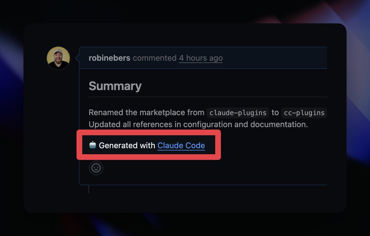 robinebers's tweet image. "🤖 Generated with Claude Code"

tired of Claude Code claiming spamming this everywhere?

you can turn this off!

just add this to your ~/.claude/settings.json
(or ask Claude Code to to this for you 😂)

{
  "attribution": {
    "commit": "",
    "pr": ""
  }
}

done!