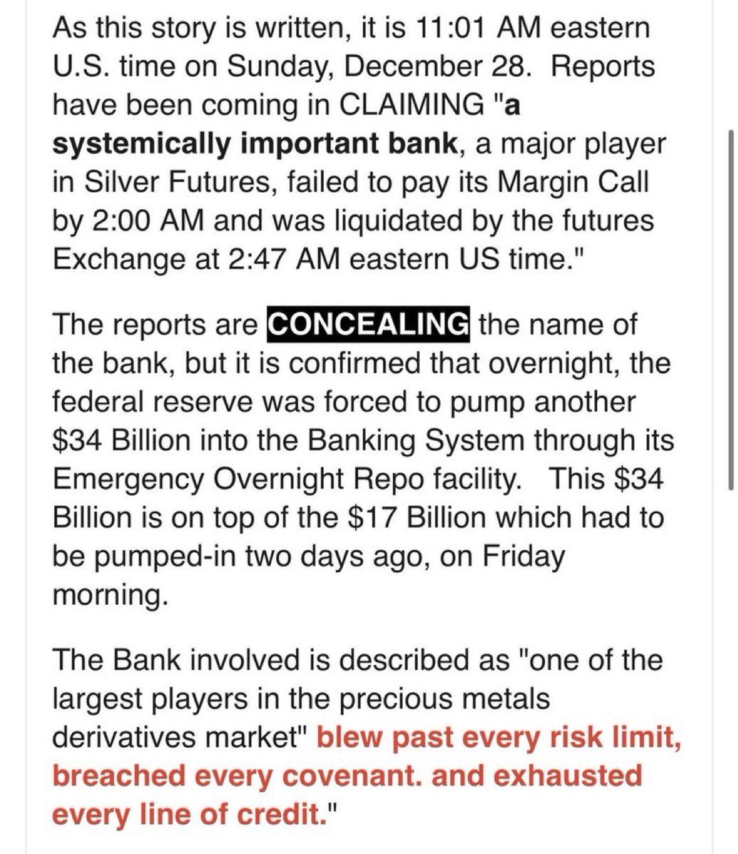 截至本文撰写时，美国东部时间为12 月28 日（周日）上午11:01。已有报告陆续传出，声称“一家具有系统重要性的银行——白银期货 市场的主要参与者——未能在凌晨