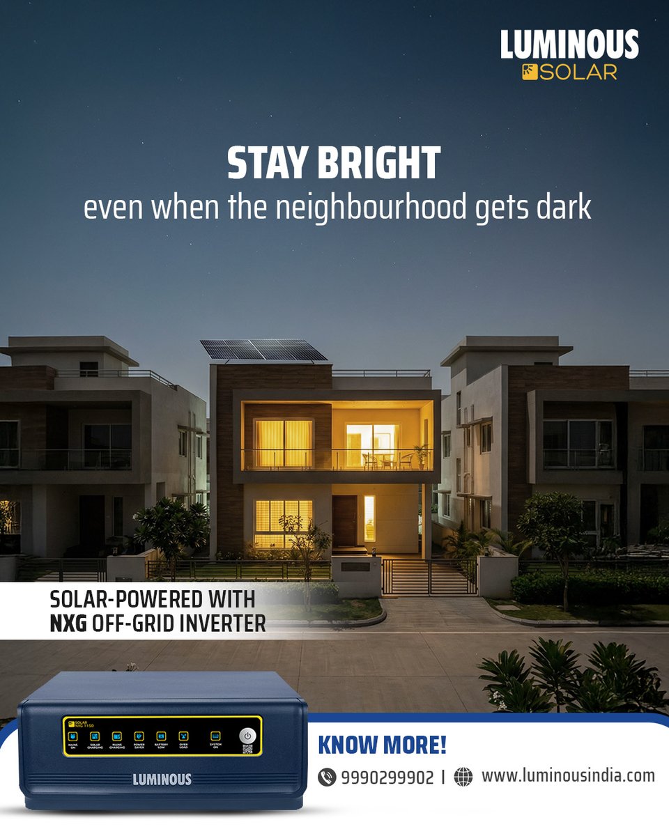 myluminous's tweet image. Your backup can make you the talk of the town.​

With NXG Off-Grid Inverters operate appliances and lights during blackouts even when every other house is waiting for power.​
​
Switch to Luminous Solar Range today. ​
​
#LuminousSolar #NXGInverter #SolarPowerSolutions