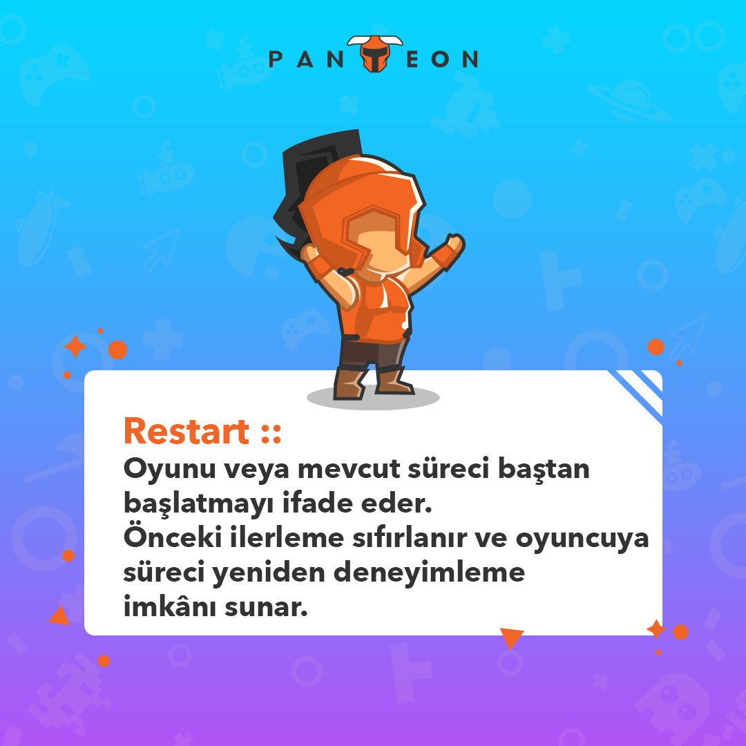 Restart ::
Oyunu veya mevcut süreci baştan başlatmayı ifade eder. Önceki ilerleme sıfırlanır ve oyuncuya süreci yeniden deneyimleme imkanı sunar.

#WeArePanteon #PanteonGames #GameDevelopment #Terminoloji