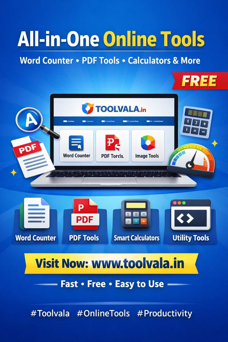 SureshBurla5's tweet photo. @toolvala 
✨ https://t.co/HpPGpmiAwH – Your Smart Multitool Website
🛠️ Word Counter
📄 PDF &amp; Text Tools
📱 Calculators &amp; Utilities
🌐 Fast • Free • Easy

Visit now 👉 https://t.co/lkREtQ1dX2
#Multitool #WebTools #Toolvala #DigitalIndia https://t.co/4IMgAozxiV