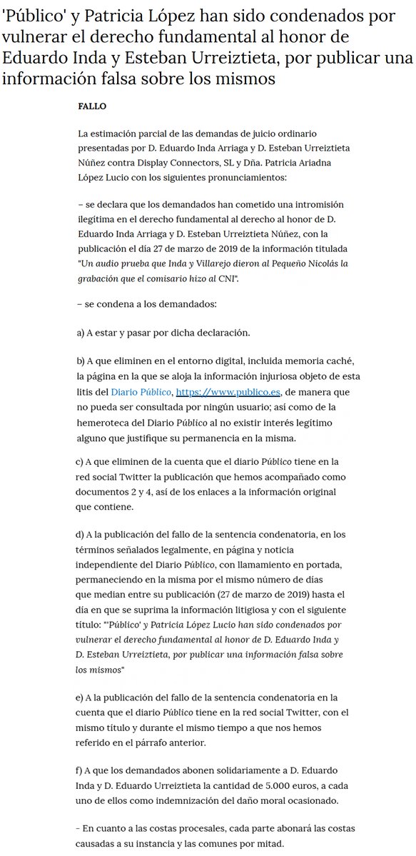 publico_es's tweet image. Reproducimos a continuación el fallo de la sentencia dictada por el Juzgado de Primera Instancia nº 40 de Madrid en relación con una noticia publicada por este periódico el 27 de marzo de 2019

publico.es/politica/publi…