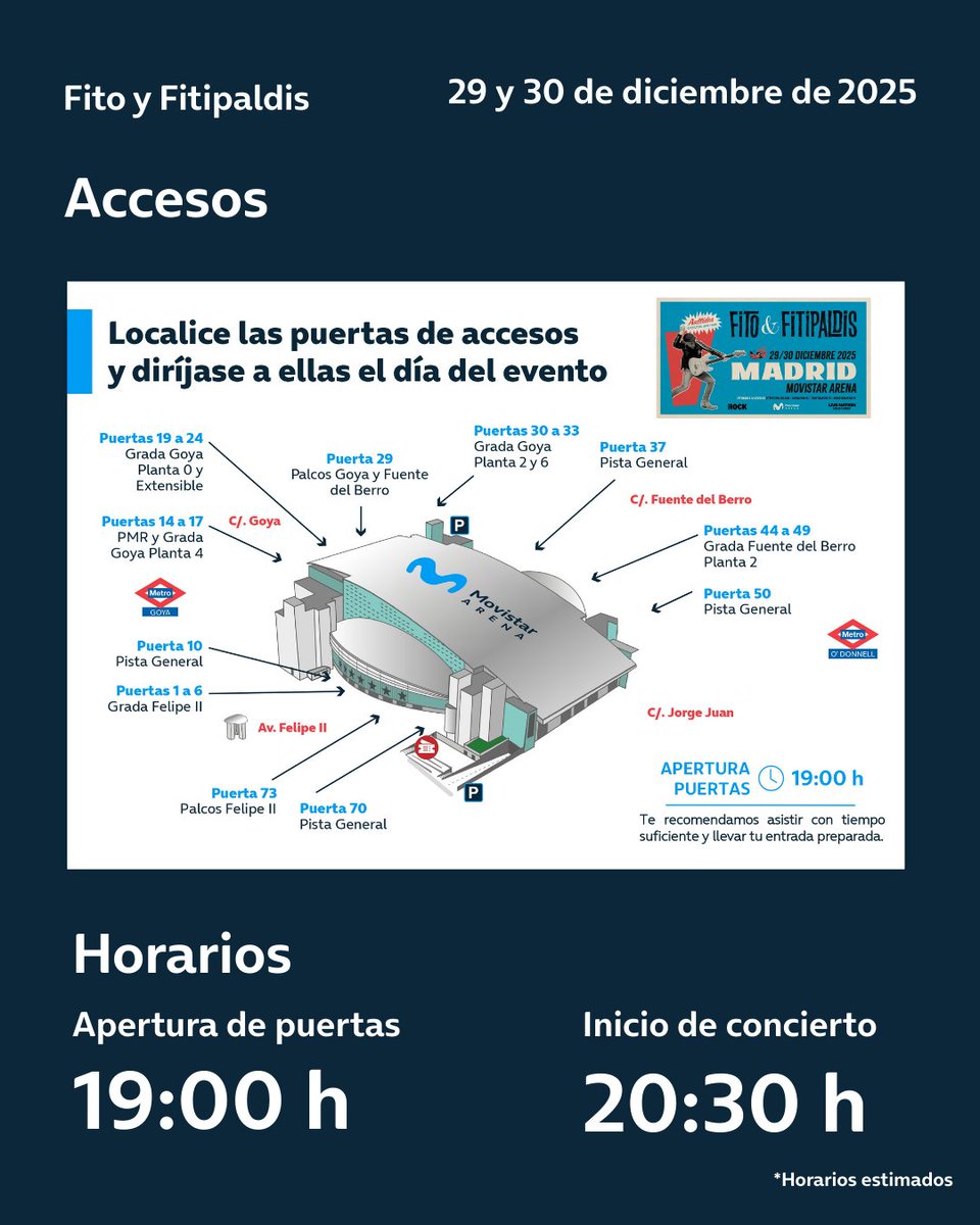 El último artista que pisará el escenario del Movistar Arena en 2025: Fito y Fitipaldis. Dos noches de locura.

Consulta los accesos y horarios aquí ⬇️