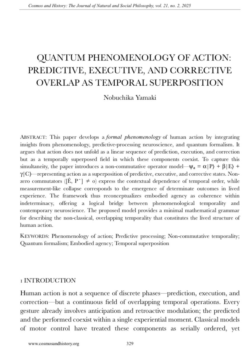 MoveFree2's tweet image. 最近現象学にはまって哲学論文書いてみたら採択されました

行為の予測・実行・修正は直線的なものではなく、時間的重ね合わせによるもので、不確定性の中から意志や環境によって観測される

そういう事を波動関数を使って量子的に捉えると綺麗に説明できるよね、という話…