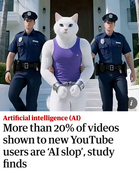 FractionAI_xyz's tweet photo. Over 20% of recommended videos on YouTube are AI slop.

It's because recommendation algorithms prefer content that generated views in the past, and AI is literally trained on those past successes.

If you're one of those creators trying to look for patterns in previously viral content, AI is going to out slop you.