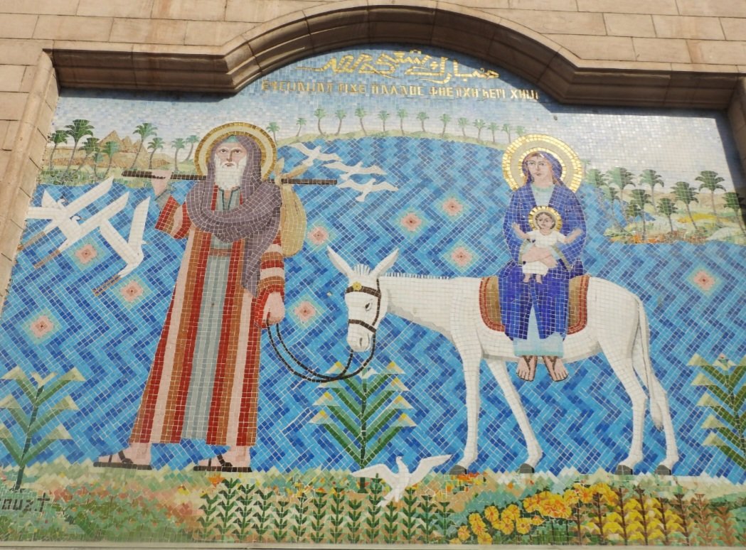 ianebbage1's tweet photo. The Flight into Egypt: (1) in a modern mosaic in the Hanging Church in Old Cairo. It is an important detail of Christian history in this city: (2) a map of the journey through Egypt; (3) a piece of pavement "which ... [the] Holy Family walked on" #flightintoegypt #mosaicmonday https://t.co/RurnlAsYAm