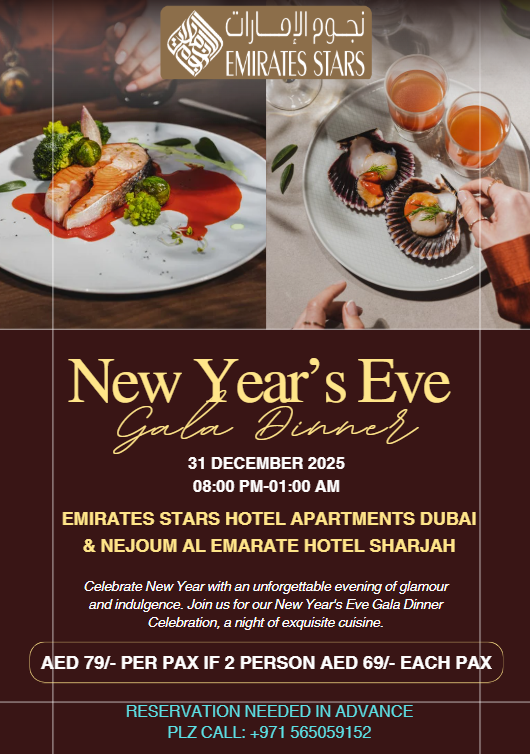 StarsEmirates's tweet photo. You all are invited to join our Gala Dinner in Emirates Stars Hotel Apartment Dubai & Nejoum Al Emarate Hotel Sharjah on 31/12/2025 come and enjoy with us !!!!!!
For inquiries/ bookings, call: +971 56 505 9152/ +971 4 258 9888/+971 6 563 5555
#shishalife #emirates #galadinner #NewYear2025