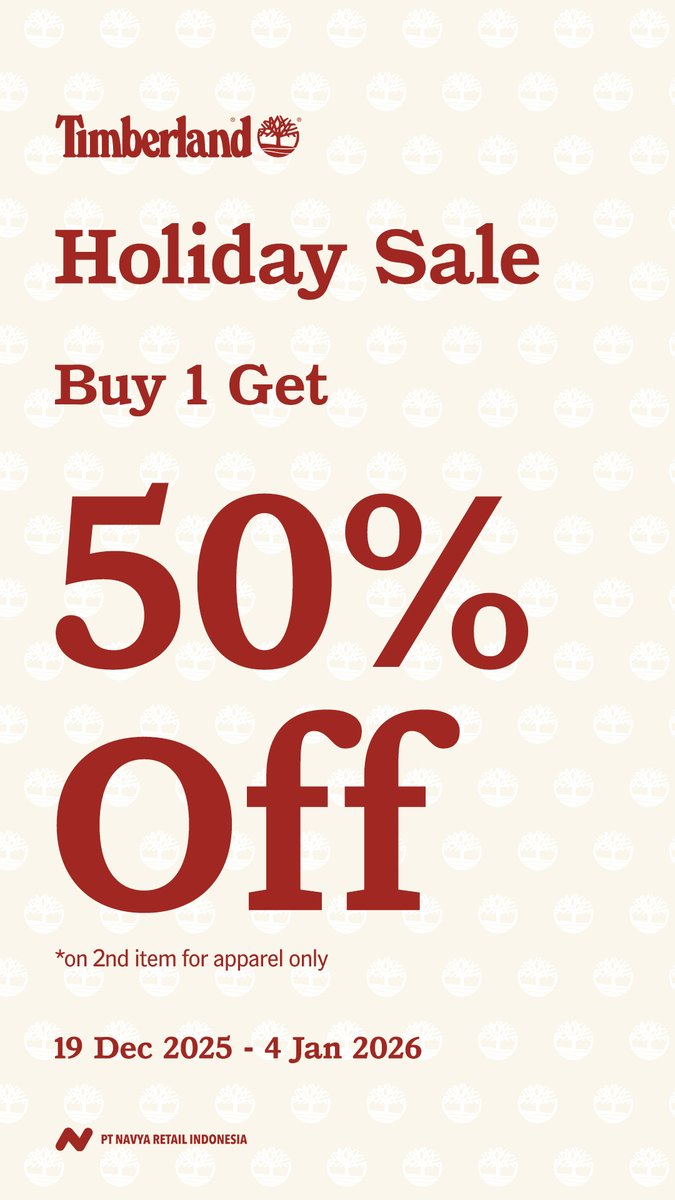 PlazaSenayan's tweet image. Rayakan akhir tahun dengan penawaran spesial dari Timberland

Nikmati promo Buy 1, Get 50% Off untuk item kedua khusus koleksi apparel pilihan.

Catat tanggalnya :
📅 Hingga 4 Januari 2026 aja!
Timberland Plaza Senayan, Level 2.

#WhatsOnPlazaSenayan #PlazaSenayan #Timberland