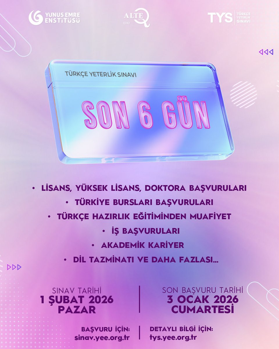 🇷🇴 Ultimele 6 zile în care vă puteți înscrie la Examenul de Competență Lingvistică #TYS, primul și singurul examen certificat de ALTE pentru limba turcă. 

Data examenului: 1 Februarie 2026
Data limită de înscriere: 03 Ianuarie 2026
Pentru înscriere: sinav.yee.org.tr