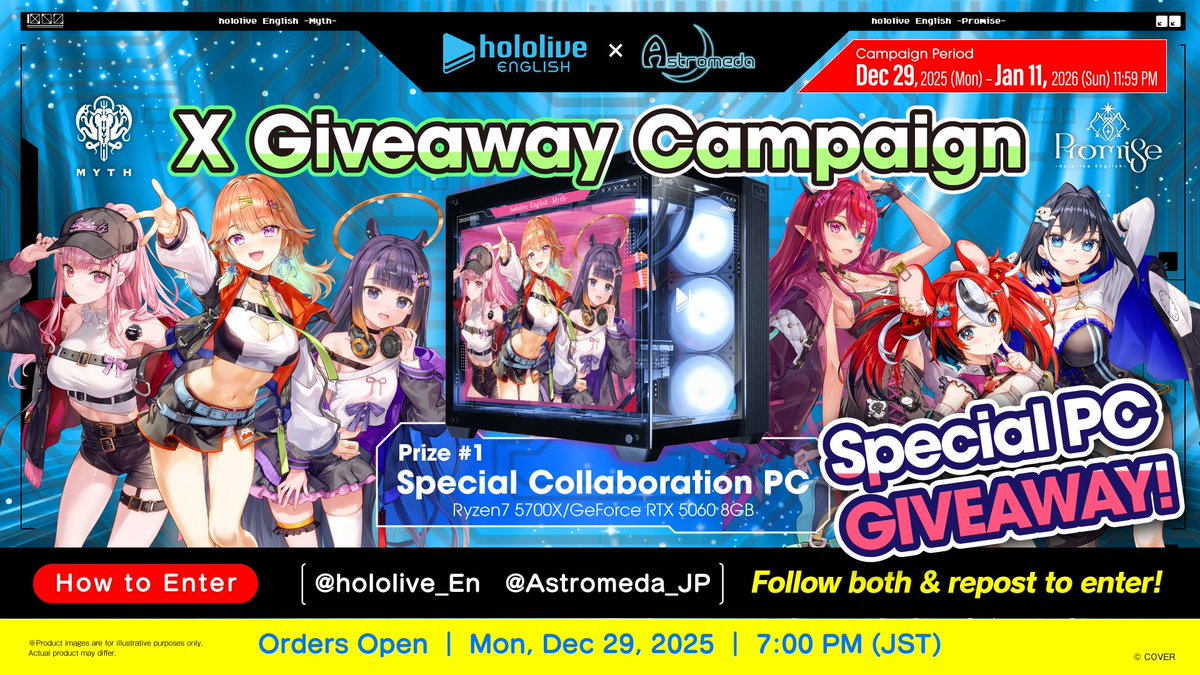 ✨hololive English × “Astromeda”✨

The luxurious collaboration PC is now on sale!

A stunning PC featuring newly illustrated designs of the talents is here
🎁To celebrate the launch, one lucky winner will receive a
Collaboration PC [Middle Model]!🎁

▼ How to Enter
①Follow