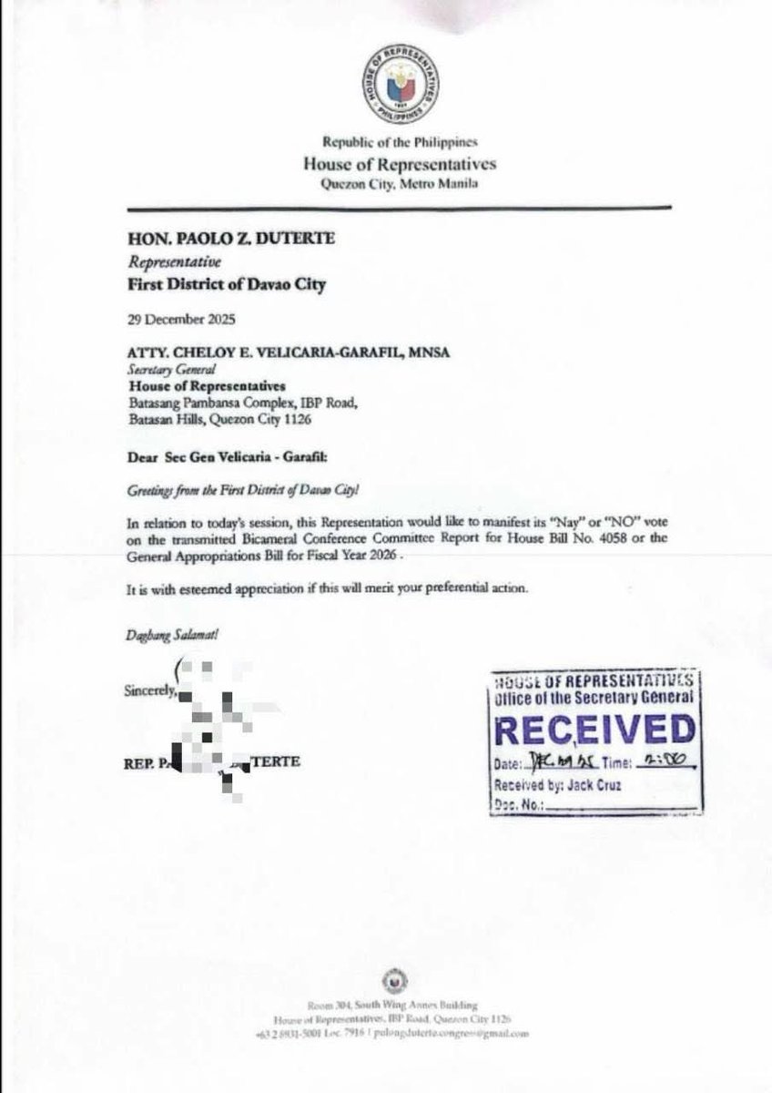 STATEMENT OF REP. PAOLO “PULONG” DUTERTE
ON HIS NO VOTE FOR THE FY 2026 GAB

I voted NO on the FY 2026 General Appropriations Bill because I cannot, in good conscience, support a budget riddled with unanswered questions, uneven allocations, and questionable insertions.

The