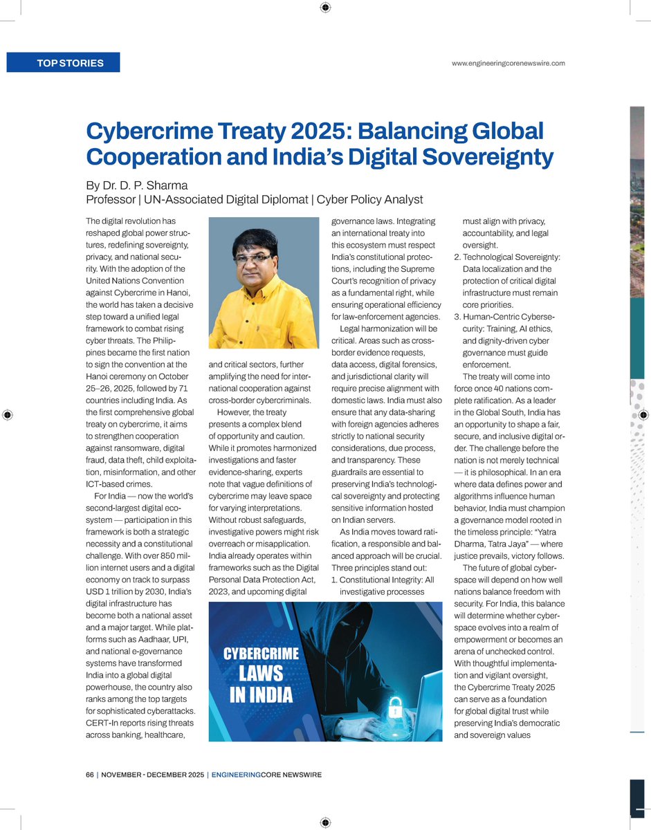 feedstorymedia's tweet photo. Cybercrime Treaty 2025: A Defining Moment for Digital Governance 🌐

As India joins the UN Cybercrime Convention, the challenge is clear—strengthen global cooperation without compromising privacy, sovereignty, and constitutional values.

✍️ Dr. D. P. Sharma @DrDPSharmaShiv
Read More :- https://t.co/sHUxvA5KSD

#CybercrimeTreaty2025 #DigitalSovereignty #CyberPolicy #EngineeringCoreNewswire