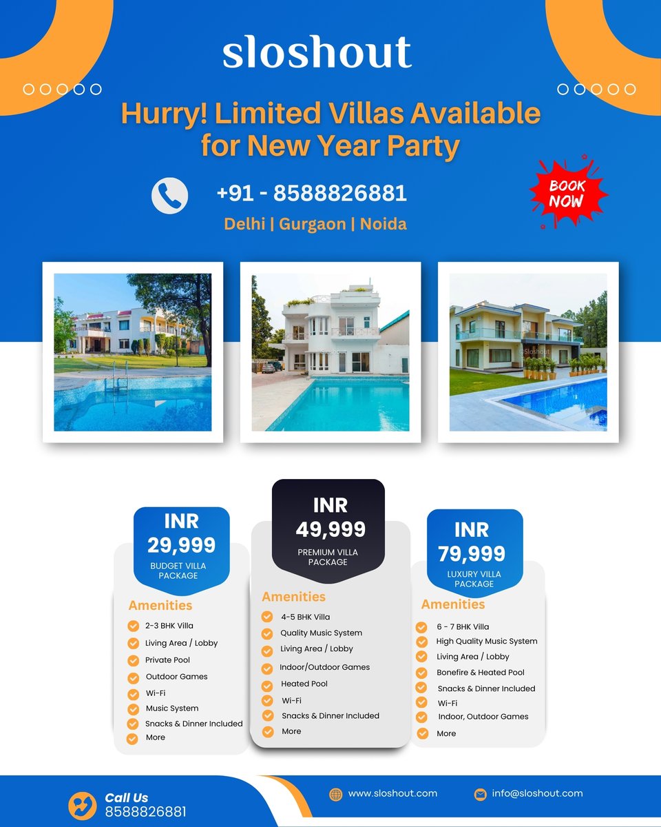 Sloshout1's tweet photo. 🎉 New Year Party Plans? Don’t Miss Out! 🎉

Hurry! Limited villas available for New Year Party 🥂
✨ Private Pool | Music System | Food Included
💰 Packages starting from ₹29,999
📍 Delhi | Gurgaon | Noida
📞 Call now: 8588826881
#NewYearParty #VillaParty #Sloshout #NewYear2025 https://t.co/6BkaITMDM0