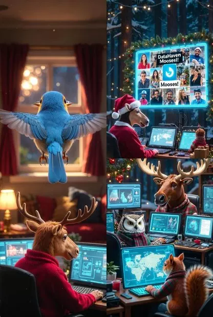 Gillco61's tweet photo. @DataHaven_xyz blu blu 🎨 Image: Blu perches on a snow-dusted evergreen, clutching a holly-adorned letter in her beak, staring at a cozy cabin where a friend waves. Caption: Blu braves the snowy treetops of Camp Haven to , inside jokes, her blue feathers! @DataHaven_xyz https://t.co/upswGNVgSh