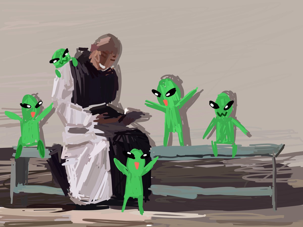 Monk reads the daily Gospel to little green aliens