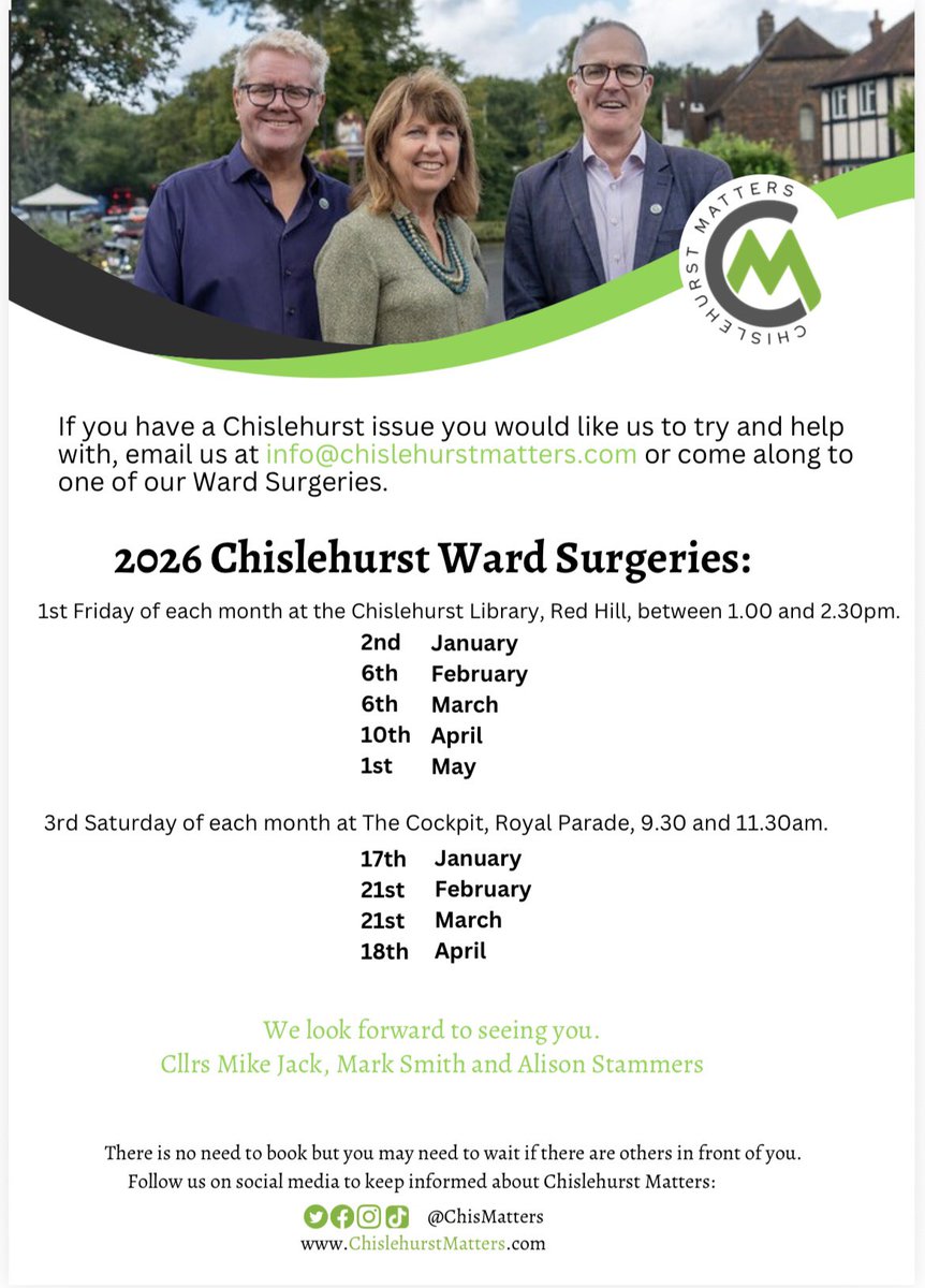 Hope you all had a wonderful Christmas!

With the New Year just around the corner, here are our Ward surgeries for the year up until the local election on 7th May.

The first one is this coming Friday. 

Please note the new venue for our Friday surgeries is Chislehurst Library.
