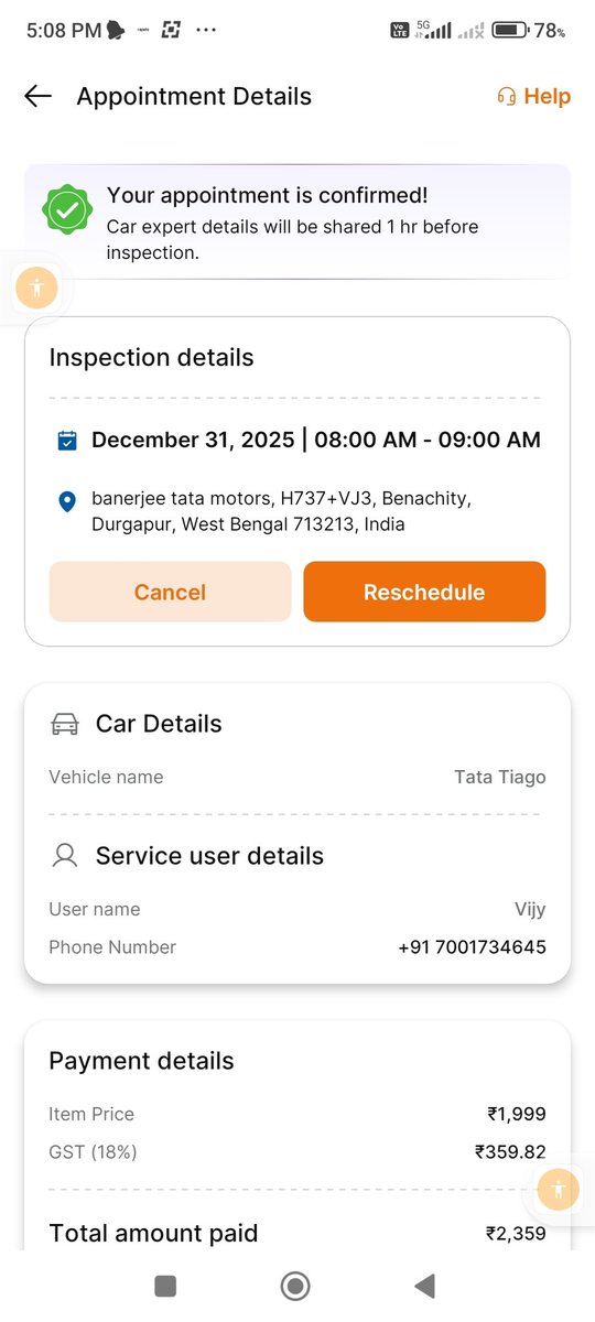 Bijoybrata's tweet photo. @cars24india worst service, booked PDI on 8 am,31st december 25. They are now providing me time  at 5 pm ,31st december.
I request you to rectify it https://t.co/7leemHHTMe