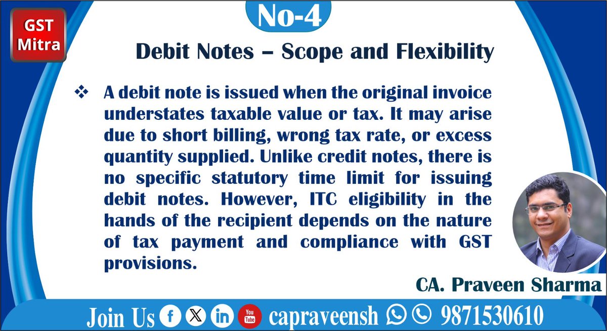 capraveensh's tweet photo. Debit Notes are issued for short billing or tax shortfall with no fixed time limit.
However, ITC eligibility still depends on proper tax payment and compliance.
 #DebitNote #GSTLaw #ITCEligibility #GSTUpdates https://t.co/445AaIbb4z