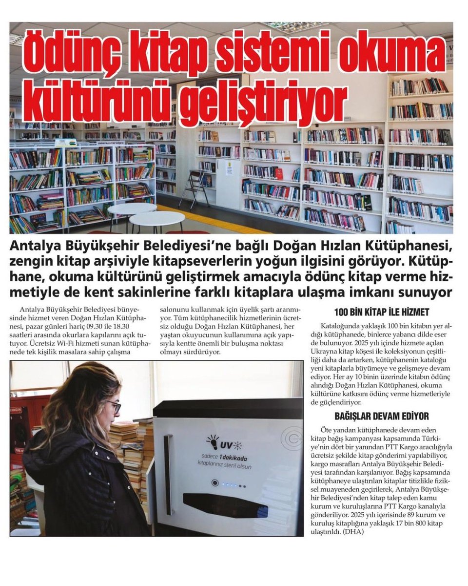 Ödünç kitaplarla okuma kültürüne katkı

Antalya Büyükşehir Belediyesi’ne bağlı Doğan Hızlan Kütüphanesi, ödünç kitap sistemiyle okuma kültürünü destekliyor. Yaklaşık 100 bin kitaplık koleksiyonu, ücretsiz hizmetleri ve bağış kampanyalarıyla her yaştan okura hizmet veriyor.