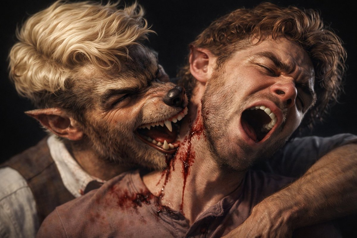 JoeyLiverwurst's tweet image. In this photorealistic alternate version, the blond dude is the werewolf, and apparently not very nice either.