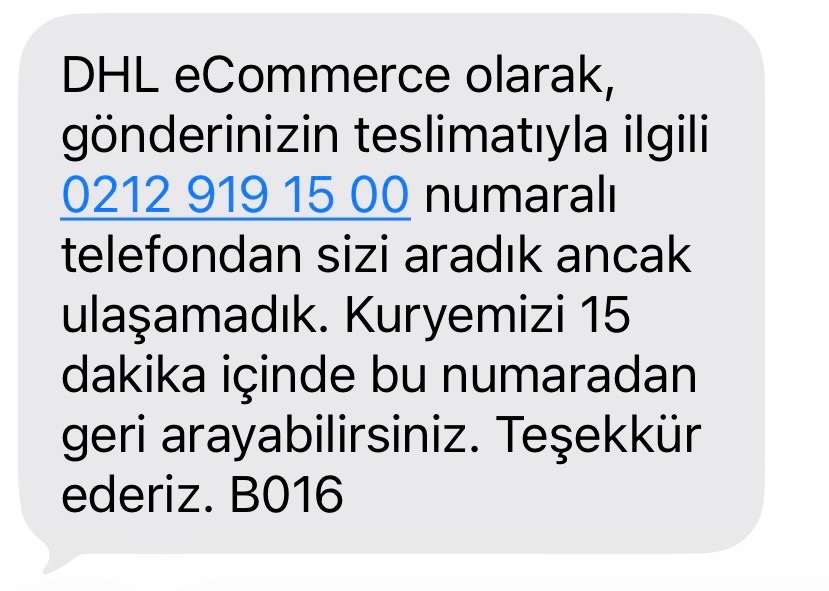 İlginç bir şey oldu. <a href="/DHLeCommerceTR/">DHL eCommerce Türkiye</a>  az önce telefon elimdeyken 0212 919 15 00 numaralı telefonun araması ekrana geldiği anda kapandı ve bu mesaj geldi. Demekki geldik yoktunuz böyle oluyor.