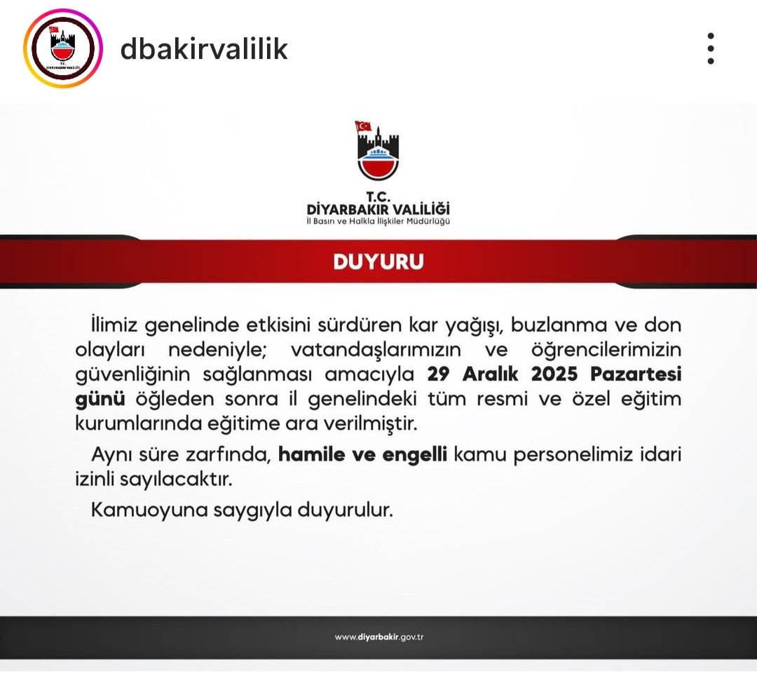 Dicle üniversitesi ve Diyarbakır valiliğinden duyuru yapıldı. Yoğun kar yağışı sebebiyle eğitim ve öğretime bugunluk bir gün ara verildi. #Kartatili #Diyarbakır #dicleüniversitesi #Ergani #diyarbakırvaliliği