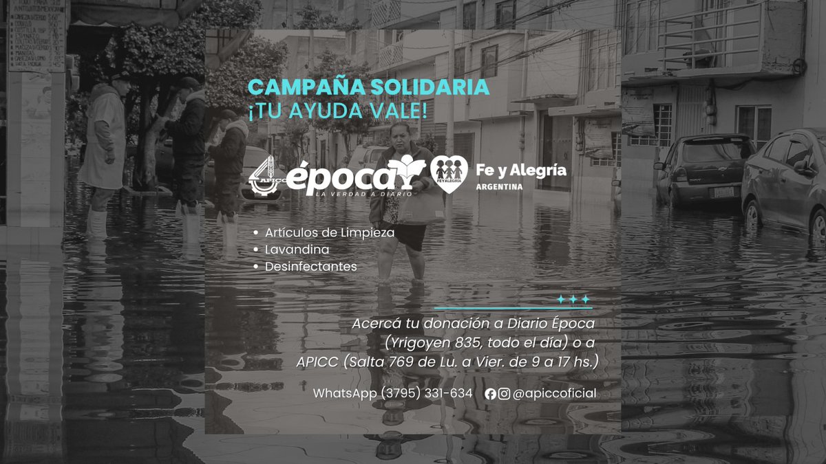Junto a <a href="/diarioepoca/">Diario época</a>  estamos recolectando donativos para los afectados por inundaciones: Artículos de Limpieza, Lavandina y Desinfectantes.

Acercalos a Diario Época, en recepción durante toda la jornada o bien a APICC, Salta 769, de Lu. a Vier. de 9 a 17 hs.
#CampañaSolidaria
