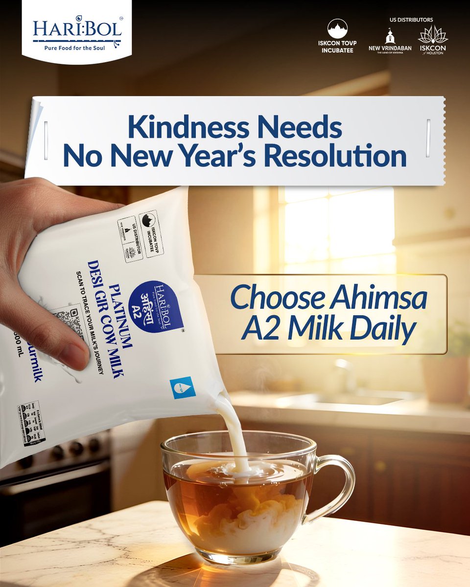 You don’t need a fresh year to choose better.
Just a moment of awareness.
Ahimsa A2 milk reminds us that kindness can begin at the table, every day. 🙏

(HariBol, Ahimsa Milk, New year, New years resolution Iskcon, devotion, Bilona Ghee, A2 milk, Ahimsa, cruelty-free, DNA-tested)